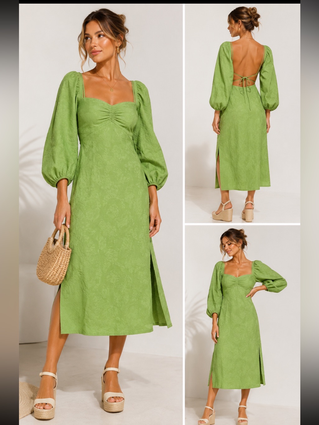 Anthropologie Maeve Green Jacquard Open Back Midi Dress 8 Cotton Puff Sleeve